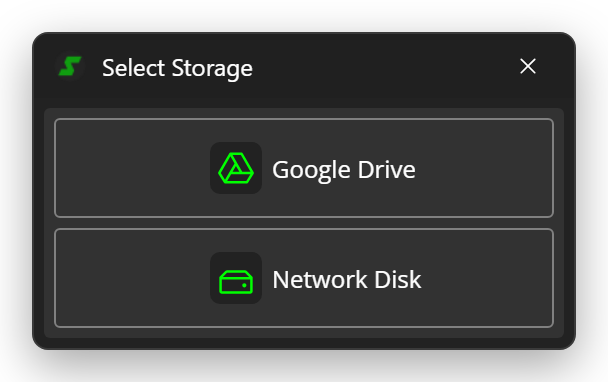 Select Storage dialog with Google Drive and Network Disk
